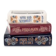 Front view of Jane Austen book stack shaped candle with literary title details
