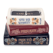 Side view of Jane Austen book stack candle showing sculpted book pages
