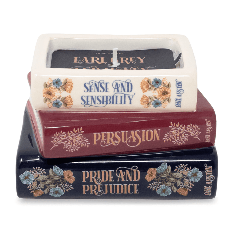 Side view of Jane Austen book stack candle showing sculpted book pages
