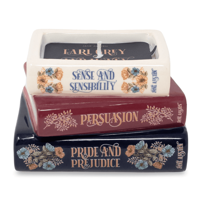 Side view of Jane Austen book stack candle showing sculpted book pages
