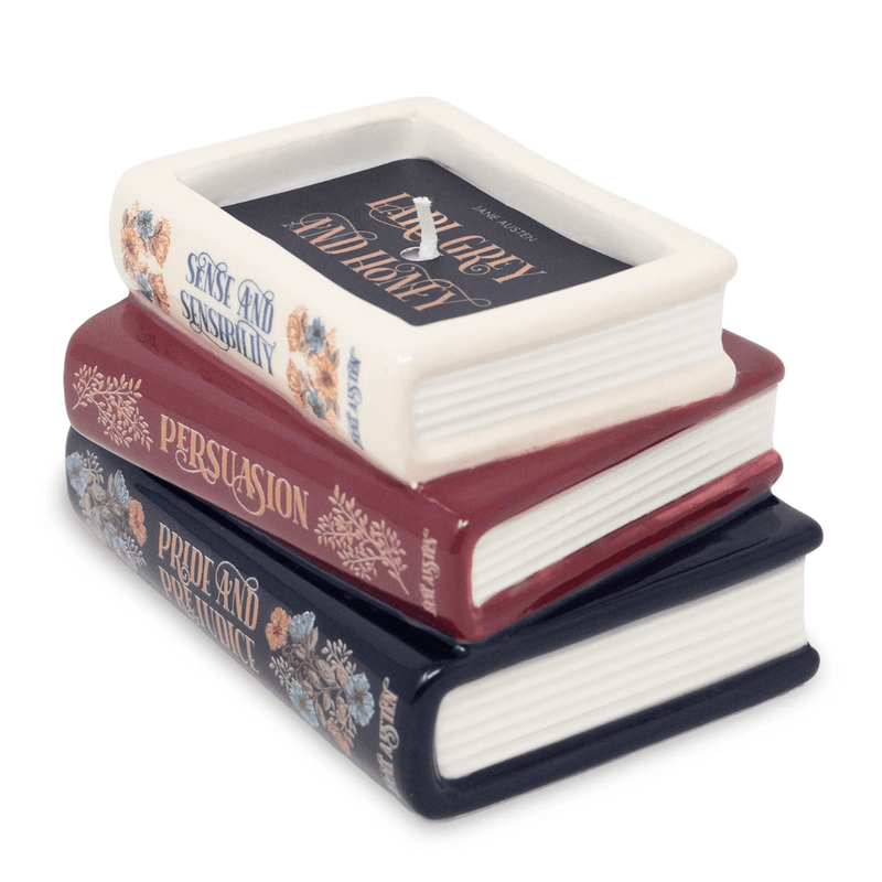 Jane Austen book stack candle with Pride and Prejudice Persuasion and Sense and Sensibility spine details