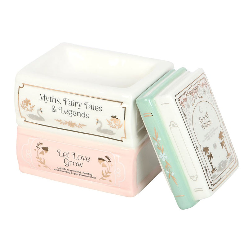 Ceramic book stack oil burner with tealight and removable lid