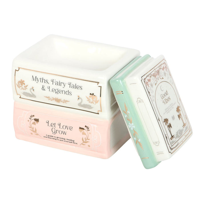 Ceramic book stack oil burner with tealight and removable lid