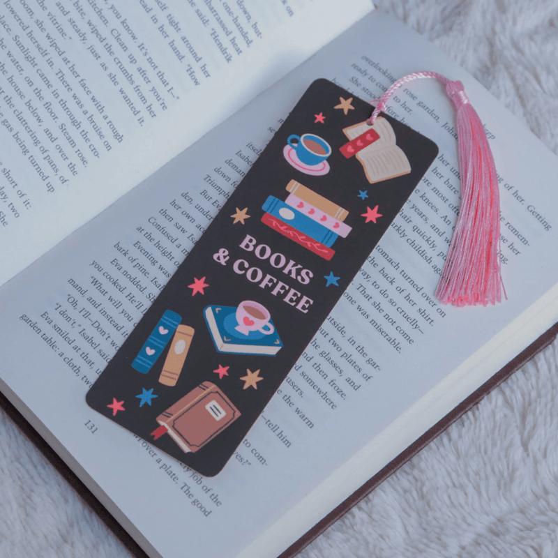 Books and Coffee bookmark marking a page inside an open book