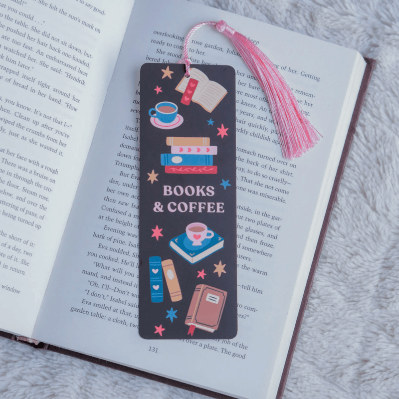 Books and Coffee bookmark with pink tassel inside an open book