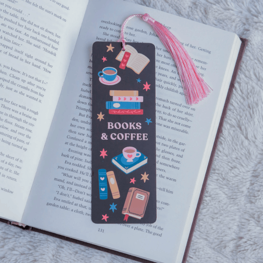 Books and Coffee bookmark with pink tassel inside an open book