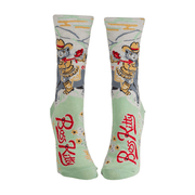 Front view of novelty socks with cowboy cat, red “Boss Kitty” lettering, and western theme.