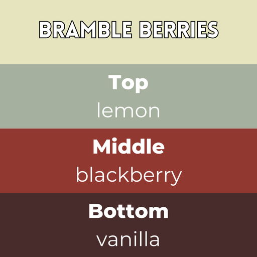 Bramble Berries wax melt scent card with lemon top note, blackberry middle note and vanilla base on berry toned colour blocks