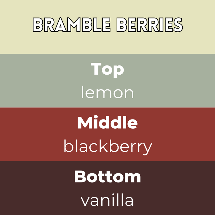 Bramble Berries wax melt scent card with lemon top note, blackberry middle note and vanilla base on berry toned colour blocks