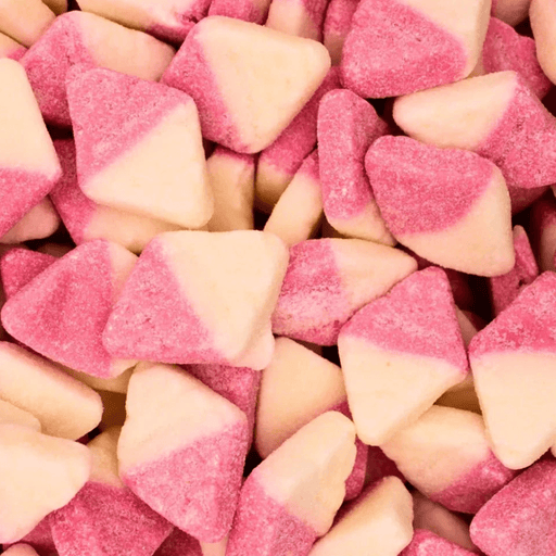 Close-up of Bubs Sour Diamond Strawberry Vanilla sour diamond sweets in pink and white