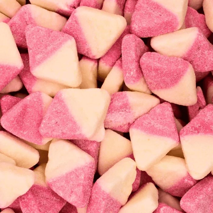 Close-up of Bubs Sour Diamond Strawberry Vanilla sour diamond sweets in pink and white