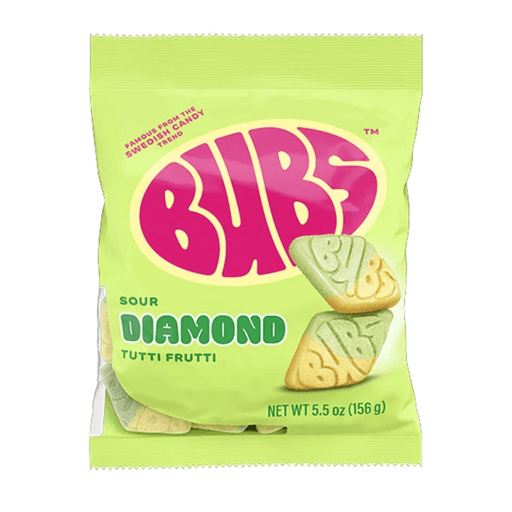 Bubs Sour Diamond Tutti Frutti Swedish candy bag 156g in green packaging