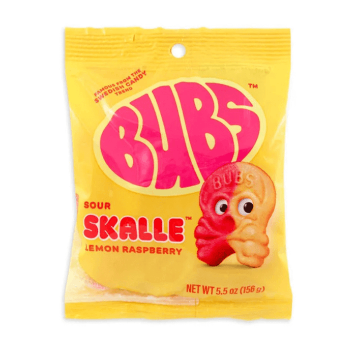 Bubs Sour Skalle Lemon Raspberry Swedish candy bag 156g in yellow packaging with skull sweet