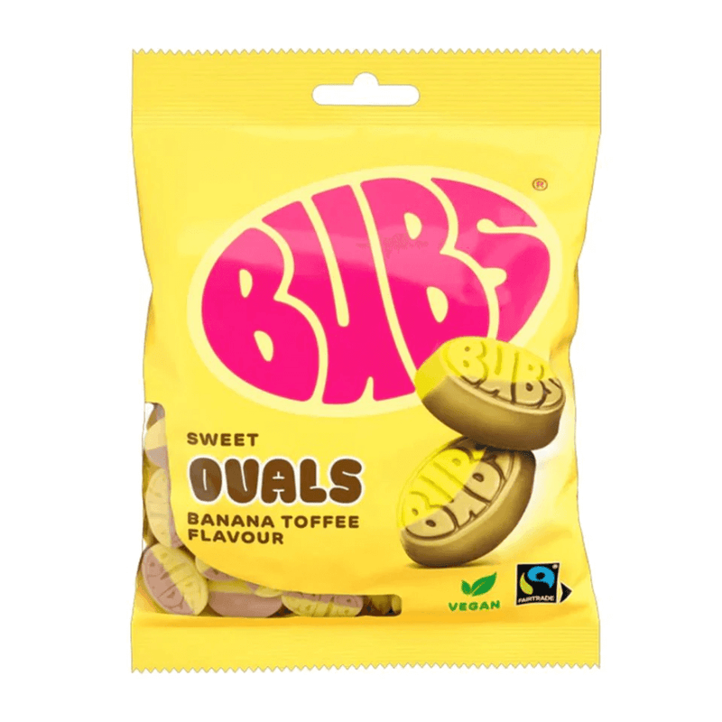 Bubs Sweet Ovals Banana Toffee Swedish candy bag with vegan label in yellow packaging
