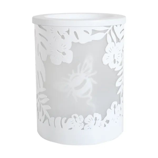 White bumblebee silhouette electric wax melt burner unlit, showing the bumblebee shadow design within the cut-out frame.