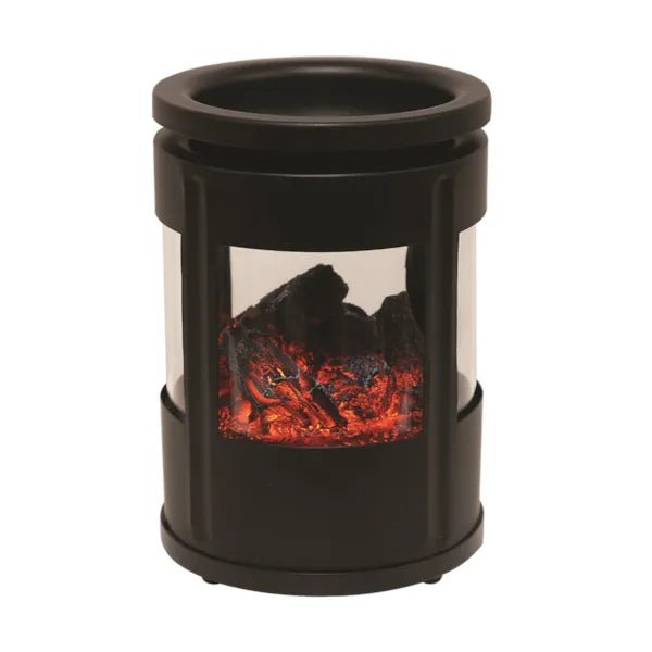 Black cylinder electric wax melt burner with glowing ember flame effect, 14cm