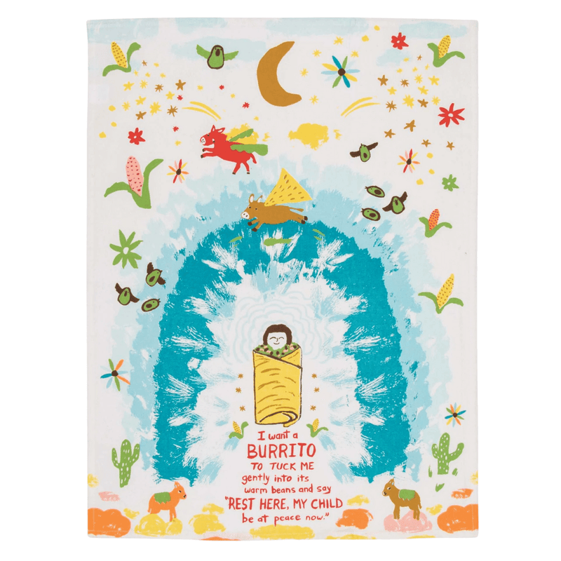 Full Blue Q I Want A Burrito tea towel design with whimsical burrito artwork