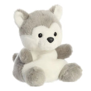 Angled three-quarter view of Busky Husky Palm Pals plushie highlighting soft paws

