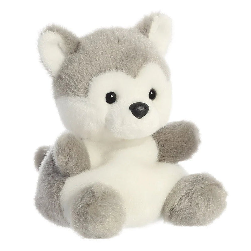 Angled three-quarter view of Busky Husky Palm Pals plushie highlighting soft paws

