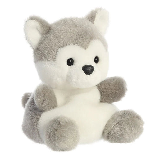 Angled three-quarter view of Busky Husky Palm Pals plushie highlighting soft paws

