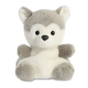 Palm Pals Busky Husky plush toy front view with grey ears, white tummy and black button nose
