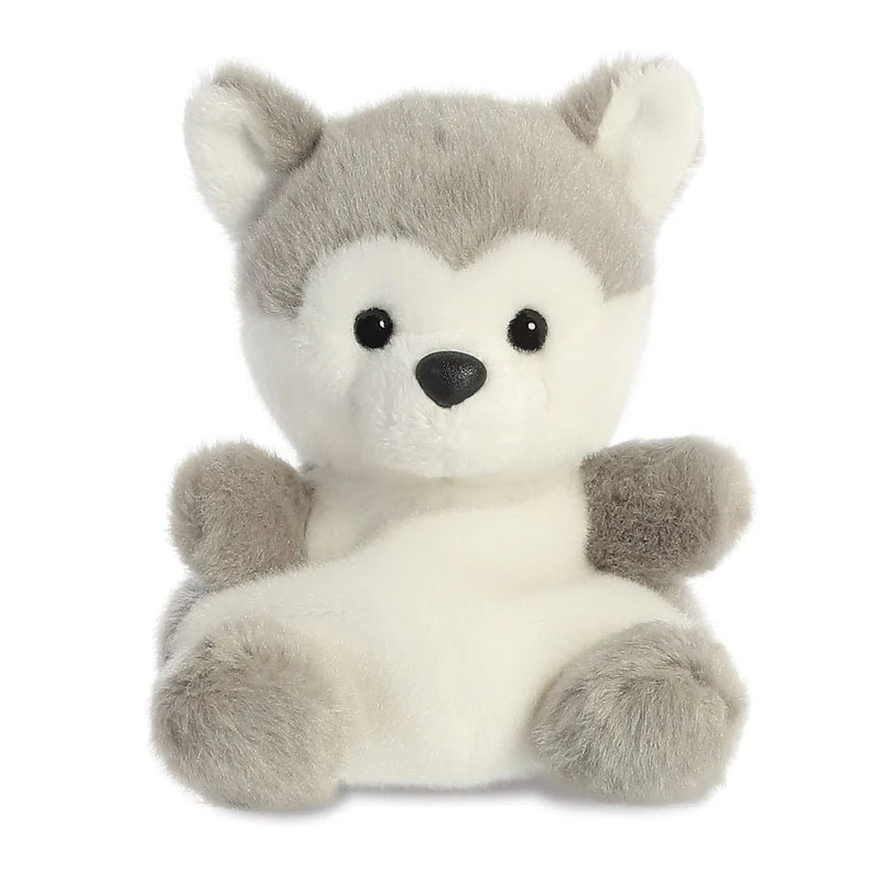 Palm Pals Busky Husky plush toy front view with grey ears, white tummy and black button nose
