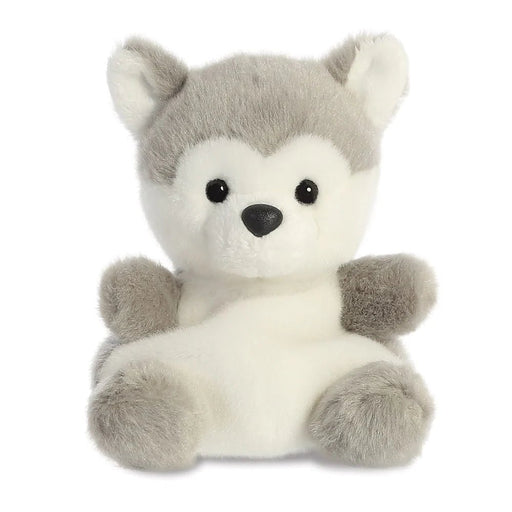 Palm Pals Busky Husky plush toy front view with grey ears, white tummy and black button nose
