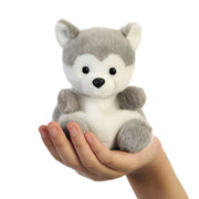 Palm Pals Busky Husky plushie sitting in a hand, showing its handy 13 cm size
