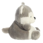 Side profile of Palm Pals Busky Husky plush with perky ears and wagging tail

