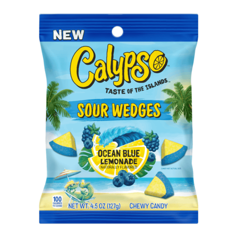 Calypso Sour Wedges Ocean Blue Lemonade 127g bag of blue and yellow chewy sour candy