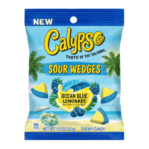 Calypso Sour Wedges Ocean Blue Lemonade 127g bag of blue and yellow chewy sour candy