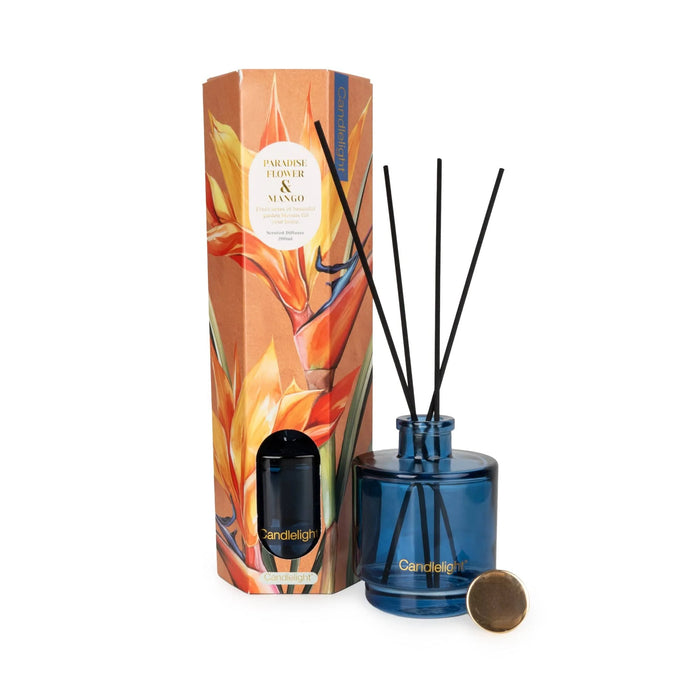 Candlelight 200ml Paradise Flower & Mango reed diffuser with blue glass bottle, black reeds and matching tropical box.