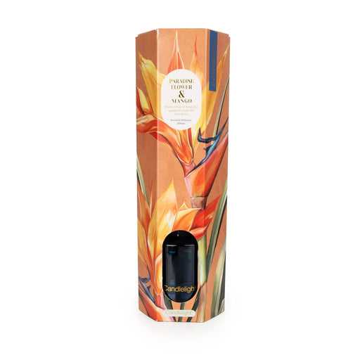 Candlelight Paradise Flower & Mango 200ml reed diffuser box with bold orange tropical flower artwork and product label.