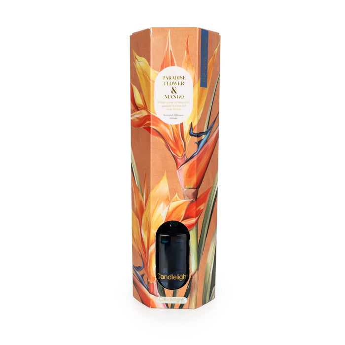 Candlelight Paradise Flower & Mango 200ml reed diffuser box with bold orange tropical flower artwork and product label.