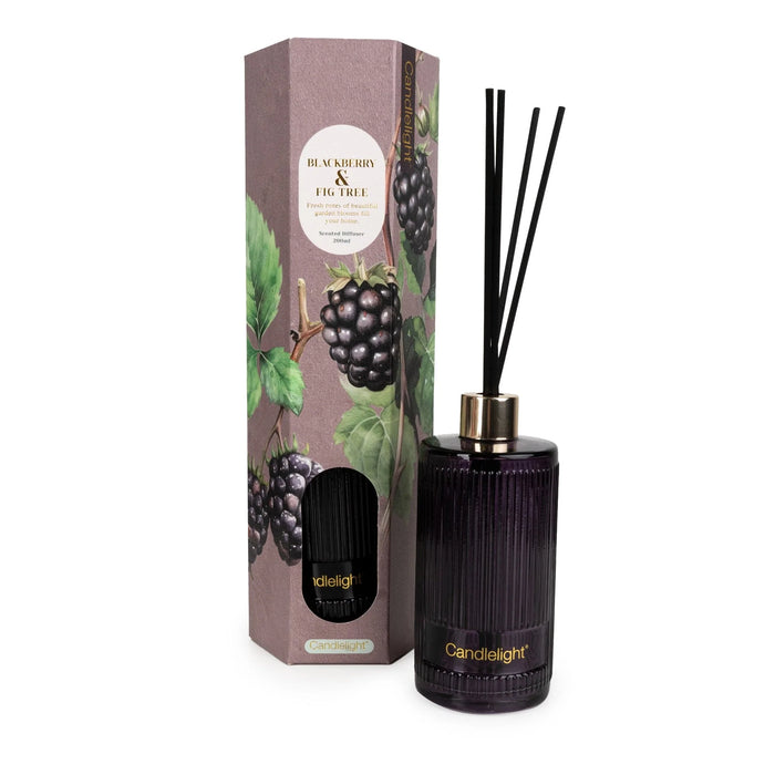Candlelight Blackberry & Fig Tree 200ml reed diffuser with purple ribbed bottle, gold collar, black reeds and berry gift box.