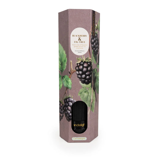 Candlelight Blackberry & Fig Tree 200ml reed diffuser gift box with blackberry illustration, product label and viewing window, front view.