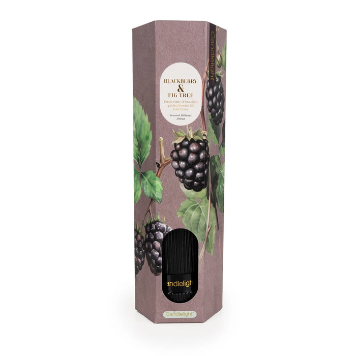 Candlelight Blackberry & Fig Tree 200ml reed diffuser gift box with blackberry illustration, product label and viewing window, front view.