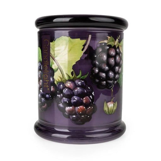Candlelight Blackberry & Fig Tree large glass lidded jar candle, deep purple jar with blackberry artwork, front view.