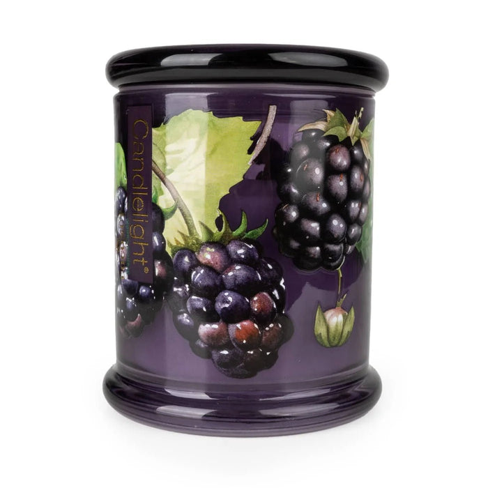 Candlelight Blackberry & Fig Tree large glass lidded jar candle, deep purple jar with blackberry artwork, front view.