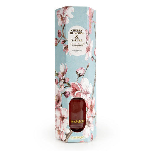 Candlelight Cherry Blossom & Sakura 200ml reed diffuser gift box with pale blue background, pink blossom artwork and viewing window.