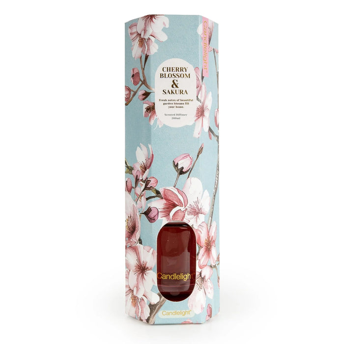 Candlelight Cherry Blossom & Sakura 200ml reed diffuser gift box with pale blue background, pink blossom artwork and viewing window.