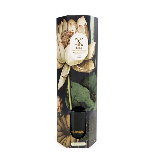 Candlelight Lotus & Wild Lily reed diffuser gift box with lotus flower artwork and viewing window, sized for 200ml diffuser.