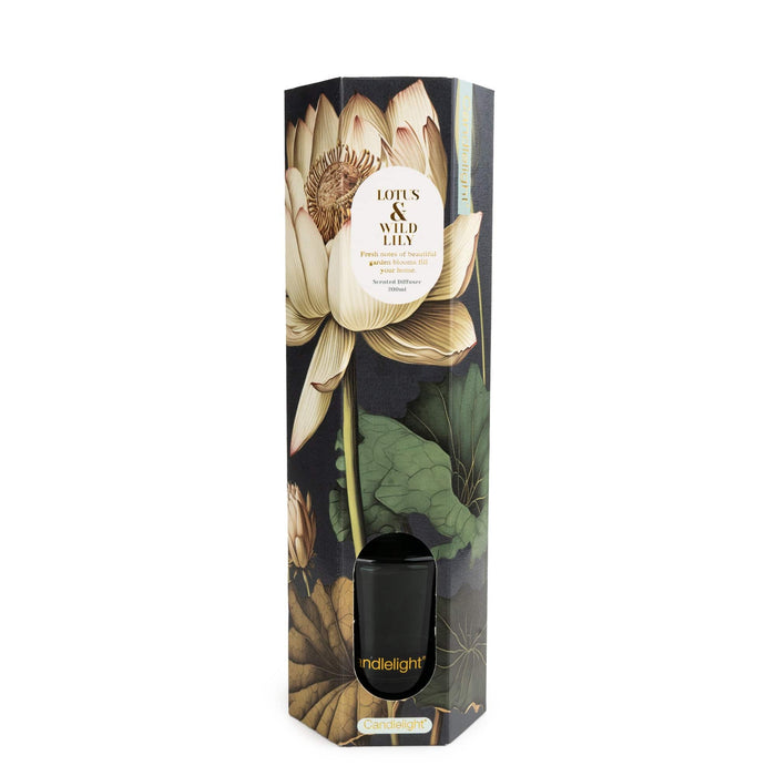 Candlelight Lotus & Wild Lily reed diffuser gift box with lotus flower artwork and viewing window, sized for 200ml diffuser.