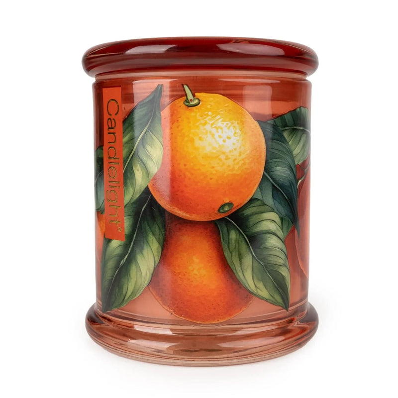 Candlelight Mandarin & Orange Blossom large glass lidded jar candle, amber orange jar with mandarin fruit artwork, front view.