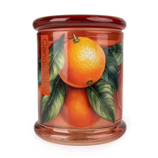 Candlelight Mandarin & Orange Blossom large glass lidded jar candle, amber orange jar with mandarin fruit artwork, front view.