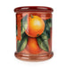 Candlelight Mandarin & Orange Blossom large glass lidded jar candle, amber orange jar with mandarin fruit artwork, front view.
