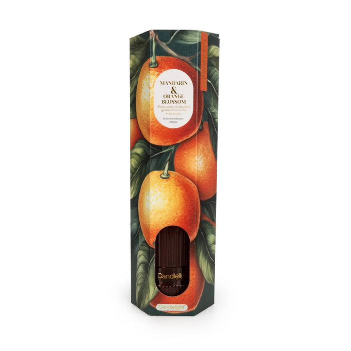 Candlelight Mandarin & Orange Blossom 200ml reed diffuser box with orange artwork and viewing window.
