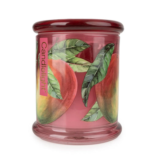 Candlelight Mango & Honey large glass lidded jar candle, pink jar with mango fruit and green leaf artwork, front view.