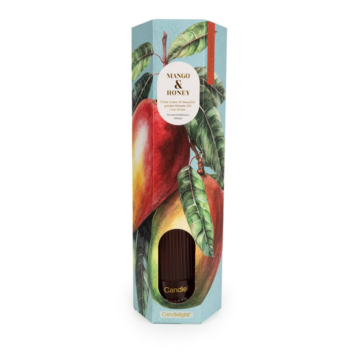 Candlelight Mango & Honey 200ml reed diffuser box with mango artwork, brand label and viewing window.