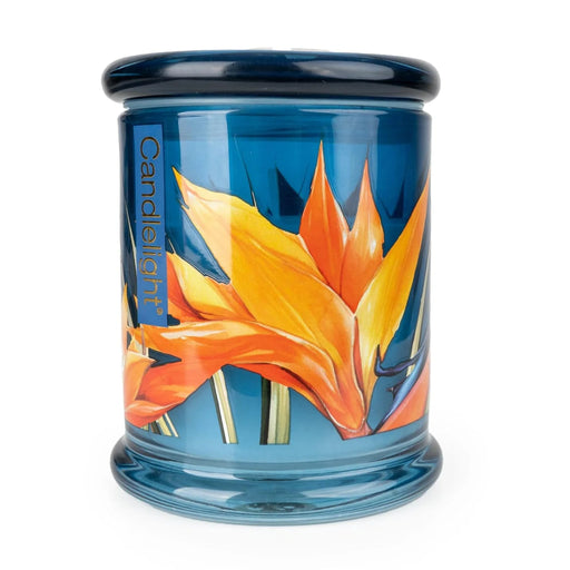 Candlelight Paradise Flower & Mango large glass lidded jar candle, teal blue jar with orange tropical flower artwork, front view.